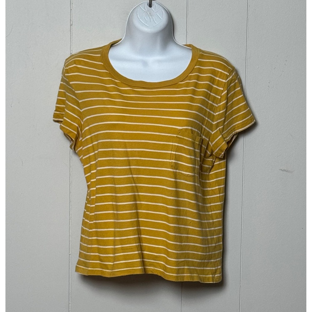 Madewell Women Mustard Yellow White Striped Whisper Cotton Pocket Tee Shirt Sz M